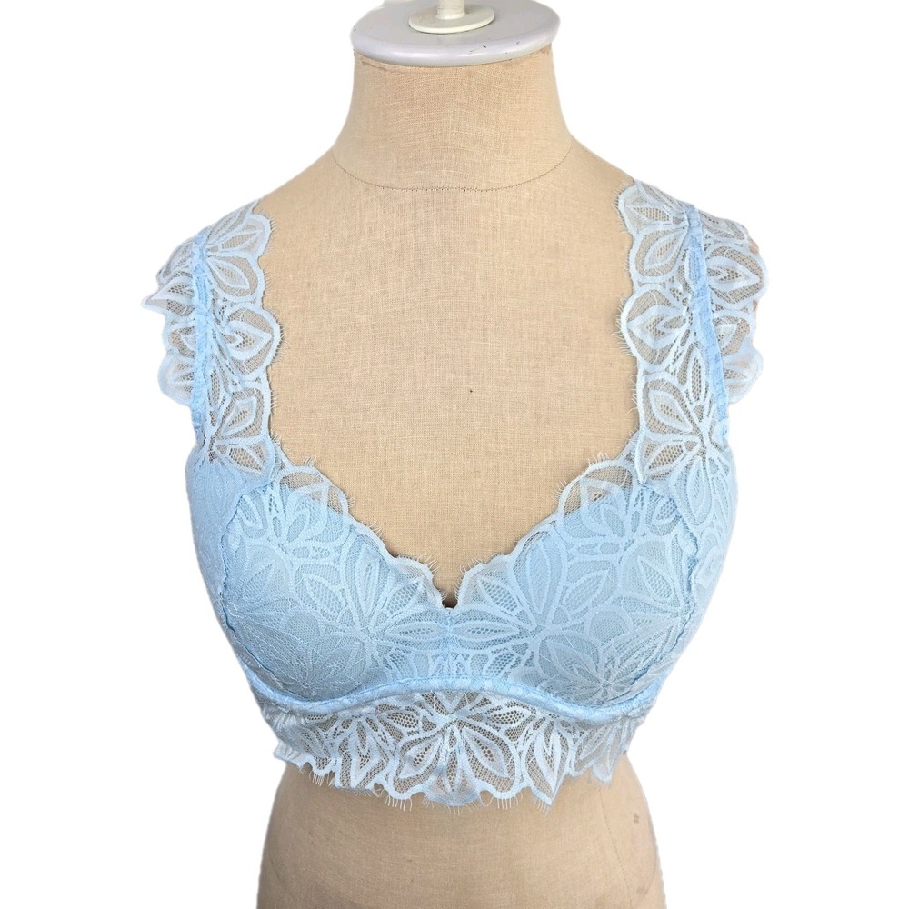 Victoria Secret PINK Date Push-Up Lace Bralette Size L Bra Blue Floral Lace‎